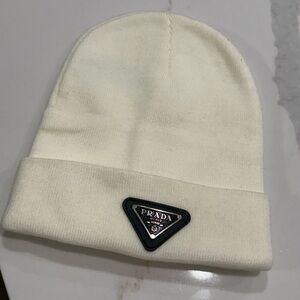 Prada Ivory Knit Hat with Logo